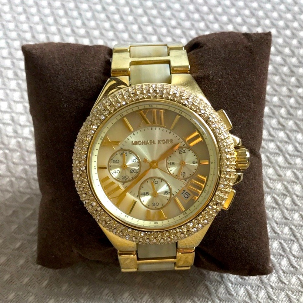 Michael Kors Camille Chronograph Champagne Dial Gold-tone and Horn Acetate Watch